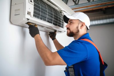 360_F_621046421_Vcay4nYa8ozdeodOQVDfES6MRrC6N3b8 Air conditioning technician servicing a wall-mounted AC unit in Surprise, AZ