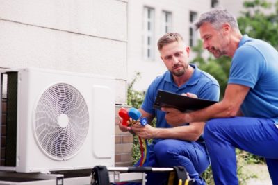 ac-installation-in-claremont-ca HVAC technicians reviewing an outdoor air conditioning unit in Surprise, AZ